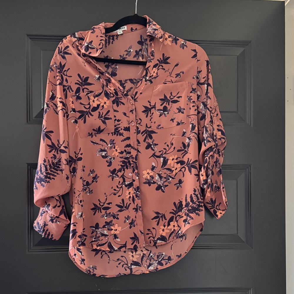 Express Floral Button Down Shirt - Pink and Black